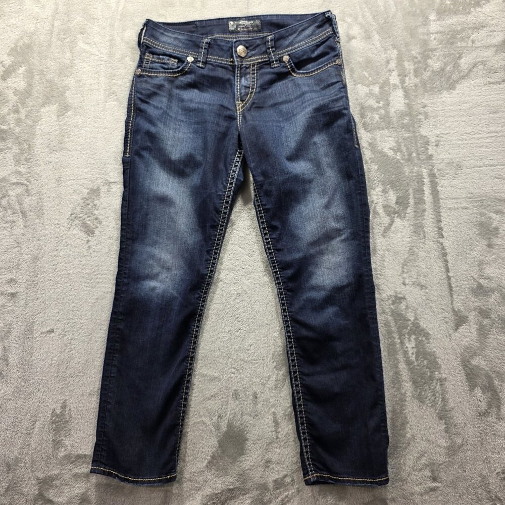 Silver Jeans Suki Capri Jeans Womens 27 Blue Stretch Mid Rise Distressed Denim